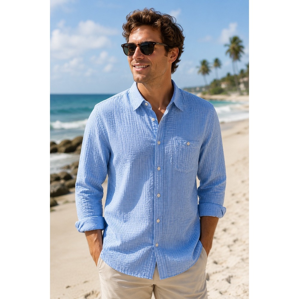 TOMMY BAHAMA Men's Medium Partial Linen Blue White Check Long Sleeve Shirt -610
